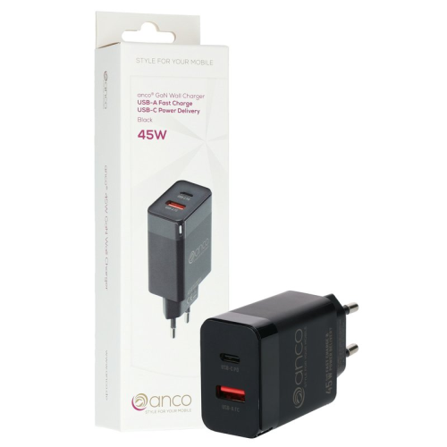 anco Dual Wall Charger USB-A Fast Charge, USB-C Power Delivery 45W - black